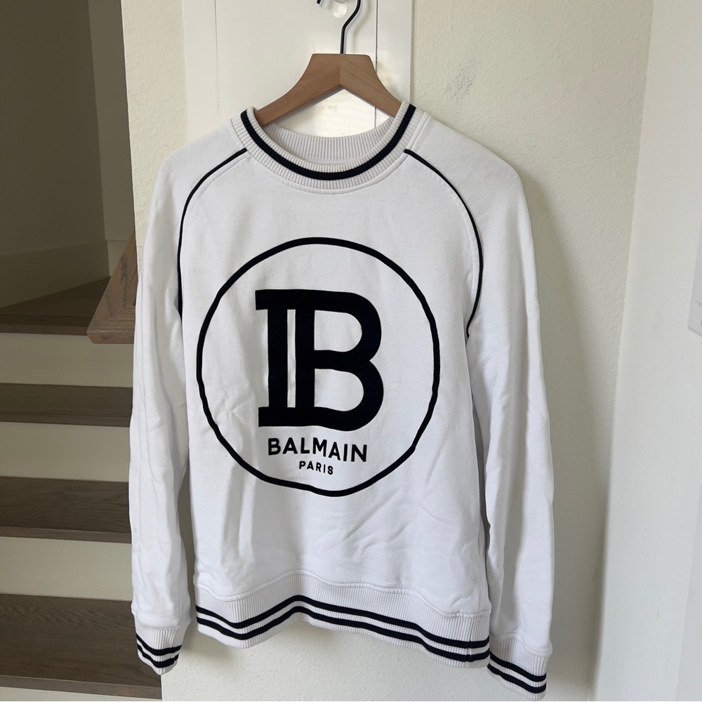 BALMAIN Men’s Cotton and Velvet Logo Sweatshirt in White and Black